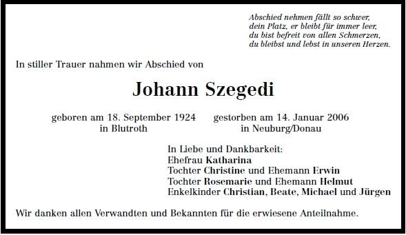 Szegedi Johann 1924-2006 Todesanzeige